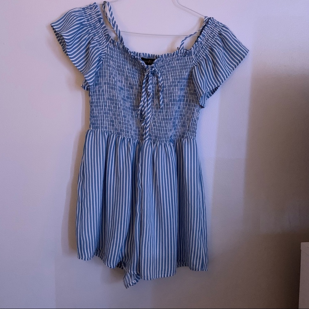 Blue and white cold shoulder romper
